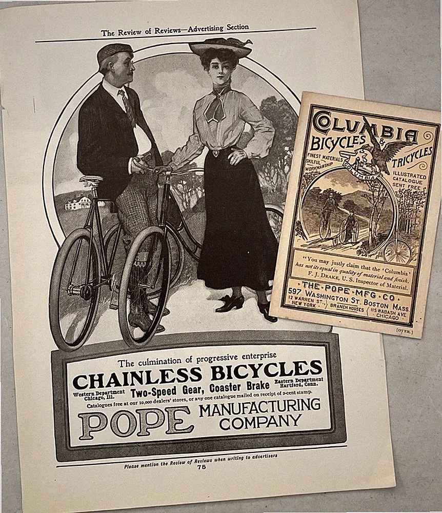 Antique Columbia Bicycle Trade Card Pope Manufacturing Chainless Bicycle Ad x2