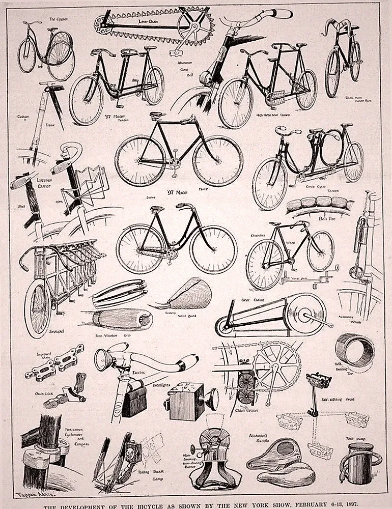 BICYCLE DEVELOPMENT IN 1897 ELECTRIC HEADLIGHT CHAINLESS BIKE TOOL PUMP LAMP