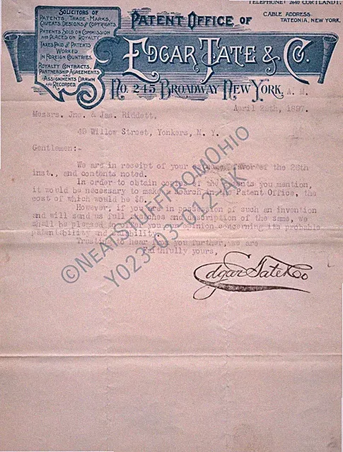 PATENT FIRM EDGAR TATE CO. LETTER TO BICYCLE PATENTEES JOHN & JAMES RIDDETT 1897